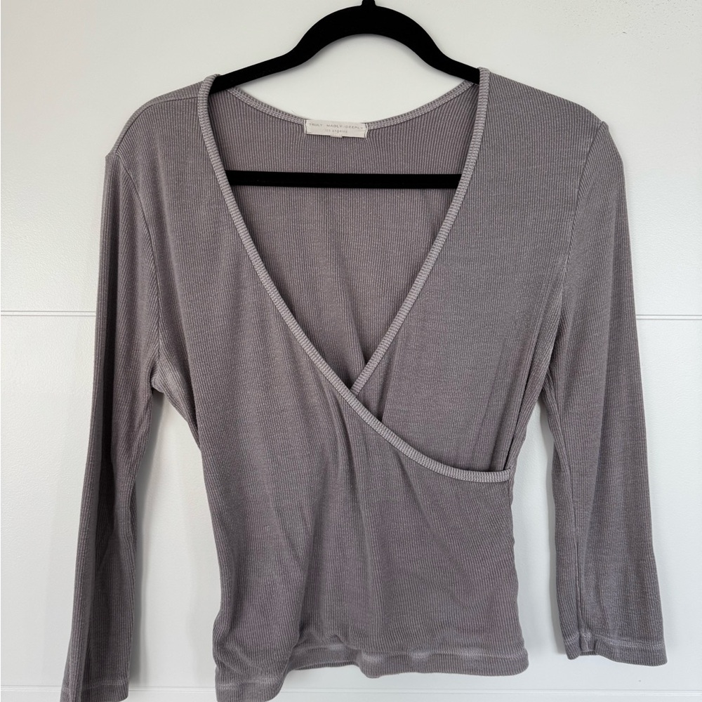 Truly Madly Deeply Gray Wrap Blouse 3/4 Sleeve Fitted